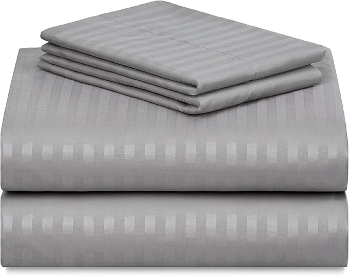 LuxClub 4 PC Cal King Size Sheet Set Bed Sheets, Breathable Luxury Deep Pockets Wrinkle Free Cooling Sheets Machine Washable Hotel Bedding (Cal King, Striped Light Grey)