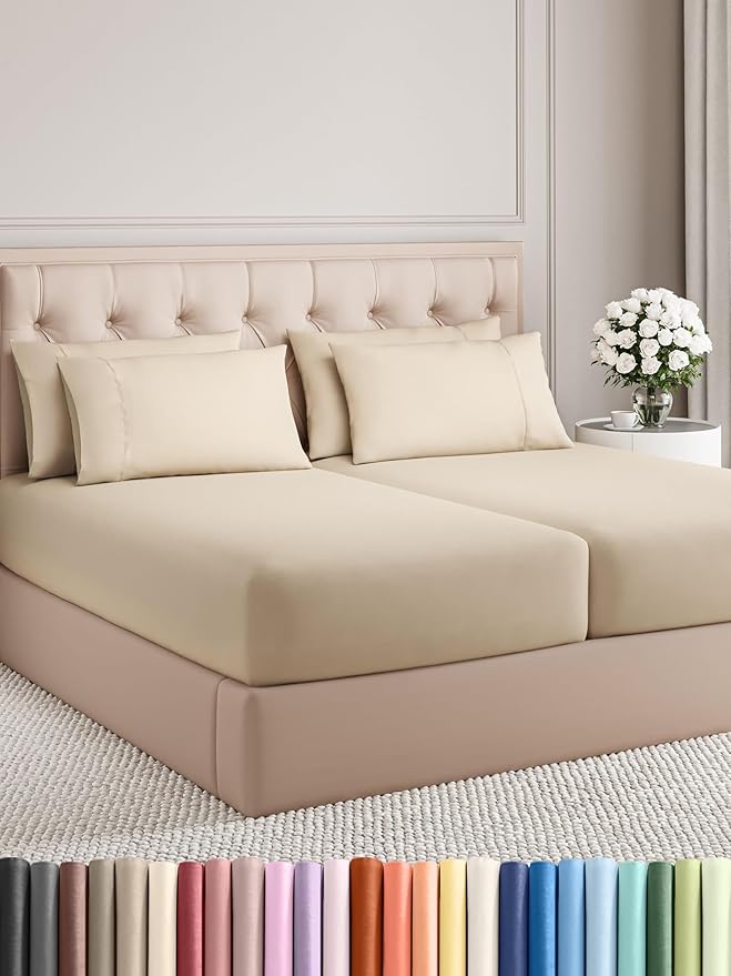 Split King 7 Piece Sheet Set - Comfy Breathable & Cooling - Ultra-Soft Hotel Luxury Bedding Set w/ 8-16 Inch Deep Pockets - 1 Flat & 2 Fitted Sheet & 4 Pillowcases - Wrinkle Free & Easy Care - Wheat