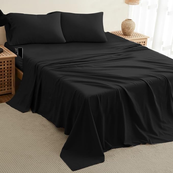 DREAMCARE Twin XL Sheet Sets - 4pc Cooling Sheets XL Twin Sheets - Twin XL up to 21” Deep Pocket – Hotel Luxury Extra Long 100% Brushed Microfiber with Side Pocket - Black
