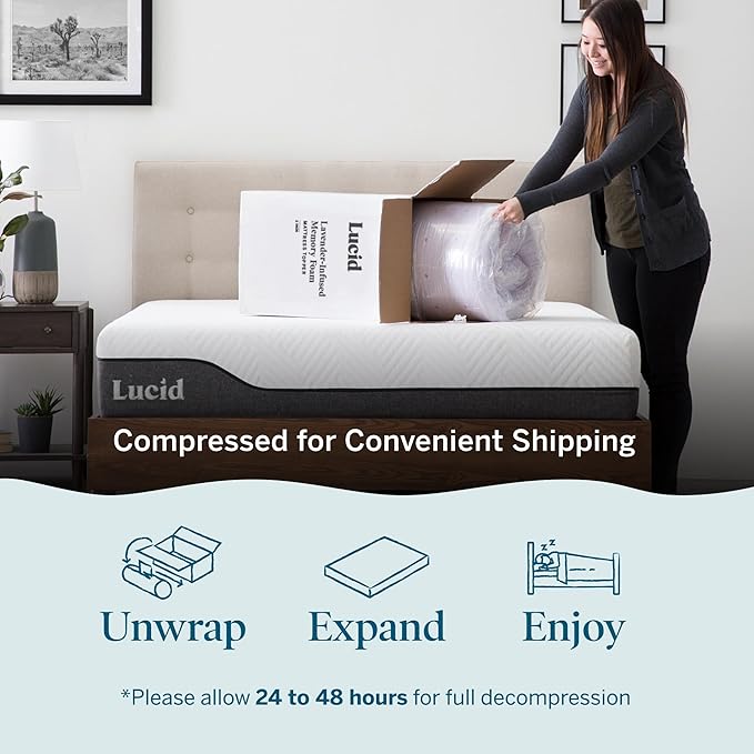 LUCID 4 Inch Lavender Infused Memory Foam Mattress Topper, King Size – Ventilated Design – Pressure Relieving Bed Topper - Mattress Pad – CertiPur Certified