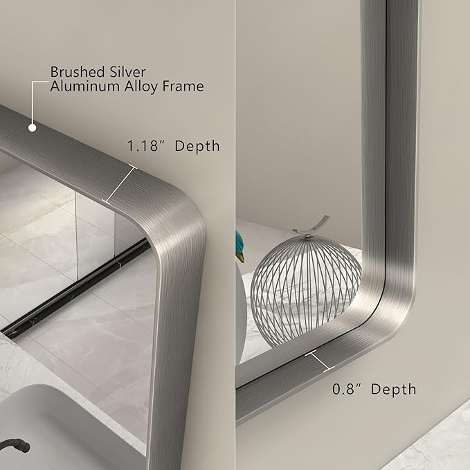 40x36 Inch Brushed Nickel Bathroom Mirror for Wall, Rounded Rectangle Silver Framed Bathroom Vanity Mirror, Anti-Rust, Shatterproof, Hangs Horizontally or Vertically