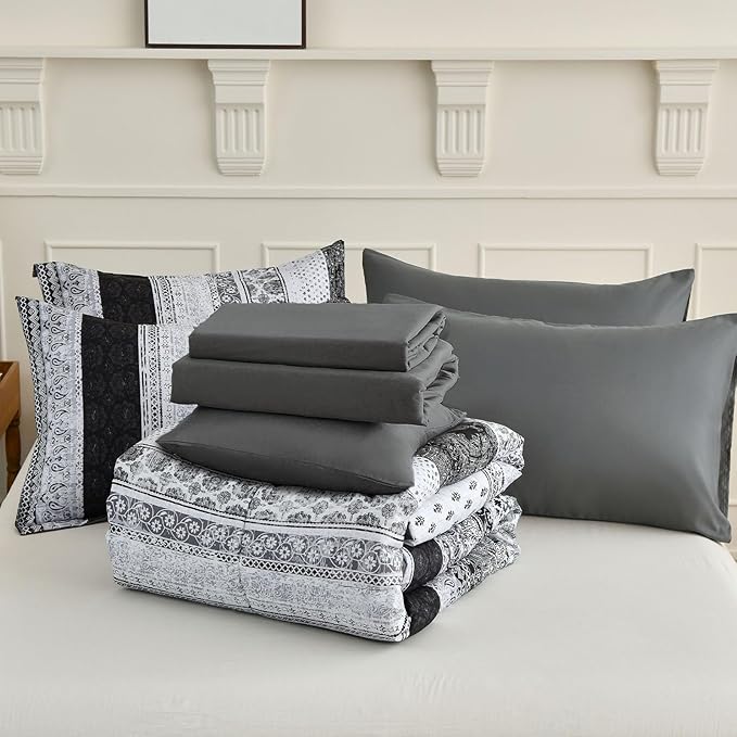 Boho King Size Comforter Set 8 Pieces,Gray Bohemian Striped Bed in a Bag,Floral Soft Microfiber Bedding Comforter Set
