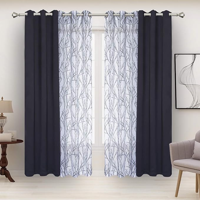 BONZER Mix and Match Curtains - 2 Pieces Branch Print Sheer Curtains and 2 Pieces Blackout Curtains for Bedroom Living Room Grommet Window Drapes, 37x84 Inch/Panel, Grey Dark, Set of 4 Panels