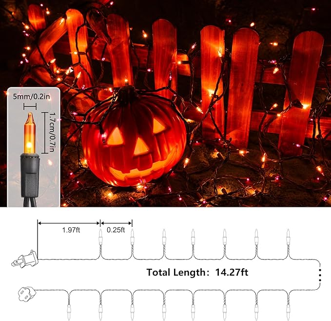 Toodour Orange & Purple Halloween Lights, 12.5ft 50 Count Incandescent Halloween String Lights, UL Certified Connectable Mini Bulbs String Lights for Outdoor, Indoor, Garden, Porch, Party, Home Decor