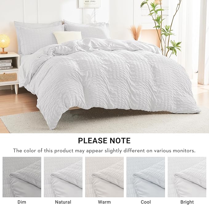 HYMOKEGE White Queen Comforter Set Seersucker 7 Pieces, All Season Luxury Bed in a Bag for Bedroom, Bedding Set with Comforters, Sheets, Pillowcases & Shams