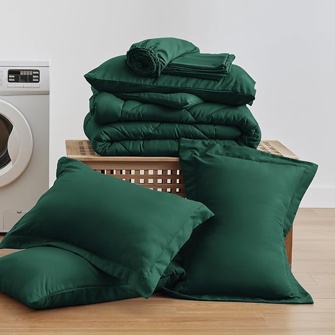 Love's cabin King Size Comforter Set Dark Green, 7 Pieces King Bed in a Bag, All Season Bedding Sets with 1 Comforter, 1 Flat Sheet, 1 Fitted Sheet, 2 Pillowcase and 2 Pillow Sham
