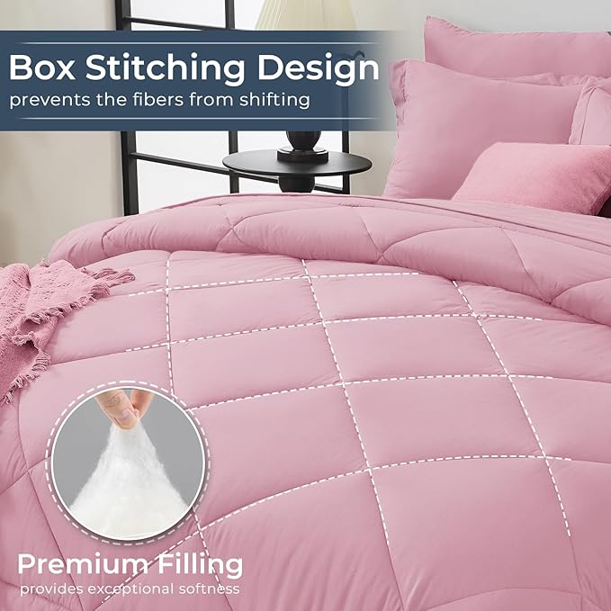 HEVUMYI Pink Twin-XL Comforter Set - 5-Piece All Season Bed in a Bag Twin-XL, Ultra Soft Bedding Set with Comforter, Flat Sheet, Fitted Sheet, Pillowcases, Pillow Shams, Pink