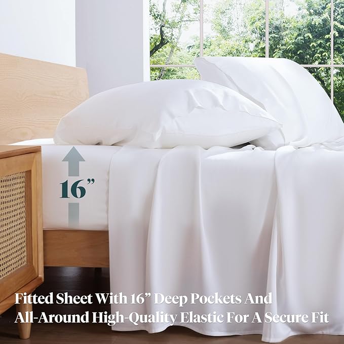LuxClub Queen Sheet Set, 100% Viscose Derived from Bamboo Cooling Sheets, Breathable & Soft Deep Pocket Up to 16", Hotel Luxury Silky Sheets Queen Size, White