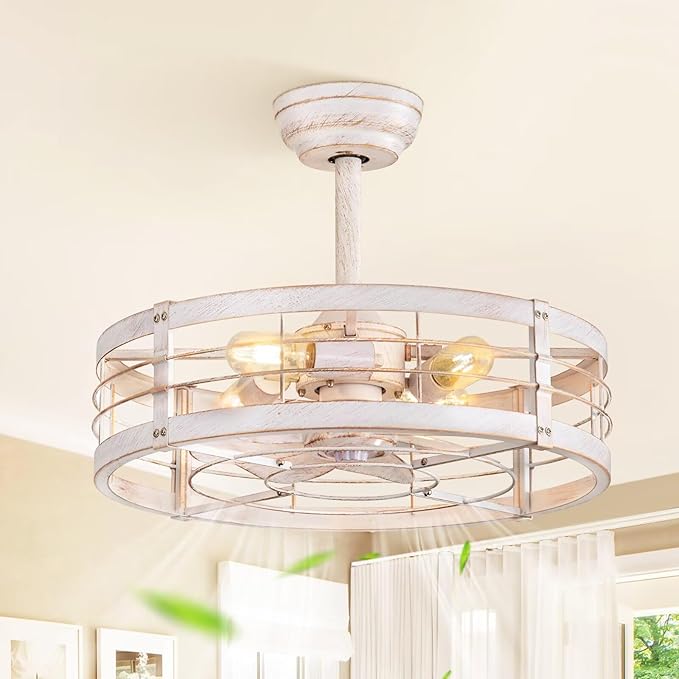LEDIARY 20 Inch Fandelier Caged Ceiling Fan with Light, Bladeless Ceiling Fan with Remote, Small Farmhouse Fan Lights Ceiling Fixtures for Kitchen, Bedroom-White and Gold
