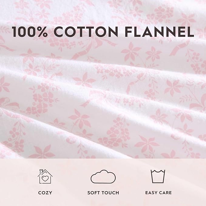 Laura Ashley - Flannel Sheets Queen Size, Anti-Pilling & Wrinkle Resistant Cotton, Touchably Soft for All-Season Comfort - Bed Sheets with Matching Pillowcases & Fitted Sheet (Antoinette Pink)