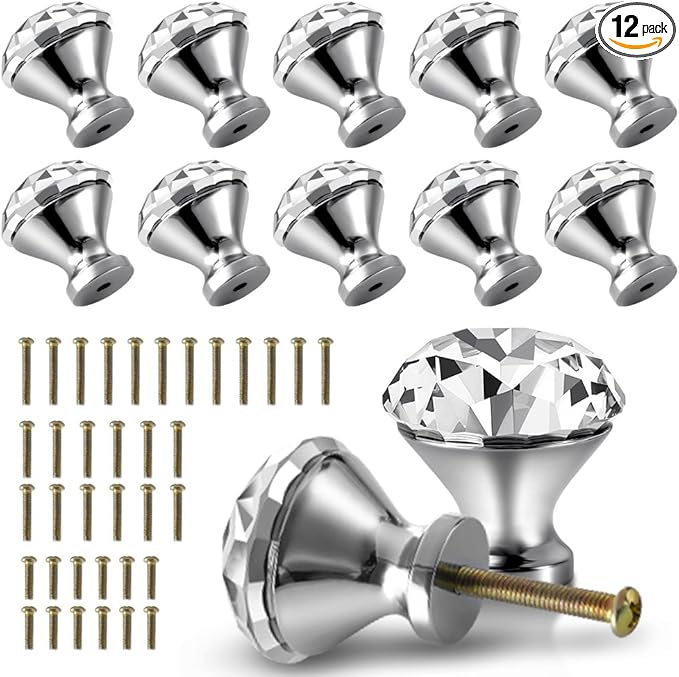 30mm Kitchen Cabinet Knobs Drawer Pull Handle Hardware, Crystal Clear Glass Round Diamond Shape Dresser Closet Bi-fold Door Bathroom Cupboard Desk Nightstand Furniture Decorative Drawer Knobs （12PCS）