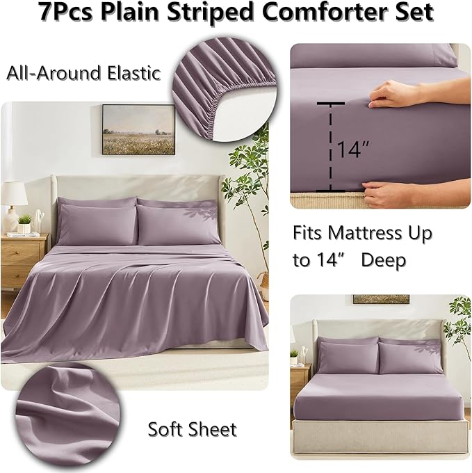 CozyLux King Size Comforter Set Dusty Purple - 7 Pieces Bed in a Bag Dusty Purple Comforter King Size, Bedding Set with All Season Quilted Comforter, Flat Sheet, Fitted Sheet, Pillowcases