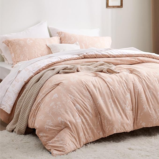 Bedsure Full Comforter Set - Dusty Rose Bed Set, 3 Pieces Cute Floral Bedding, 1 Soft Reversible Botanical Flowers Comforter and 2 Pillow Shams