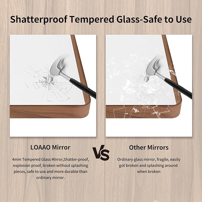 LOAAO 36X36 Inch Bathroom Mirror with Wood Grain Colored Metal Frame, Rounded Rectangle Metal Framed Bathroom Mirror, Anti-Rust, Hangs Horizontally or Vertically, Tempered Glass