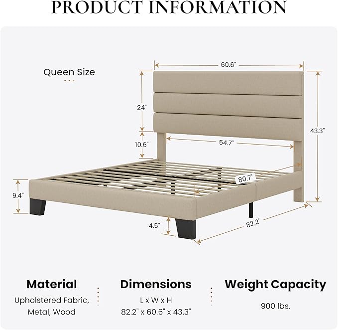 SHA CERLIN Queen Platform Bed Frame with Upholstered Fabric Headboard, Mattress Foundation with Strong Wooden Slats Support, No Box Spring Needed, Beige