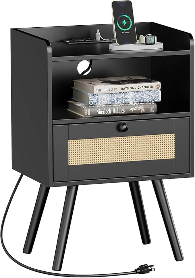 SUPERJARE Nightstand with Charging Station & Rattan-Like Decor Drawer, Rattan End Table with Solid Wood Feet, Bed Side Table with Open Storage, for Bedroom, Living Room, Dormitory - Black