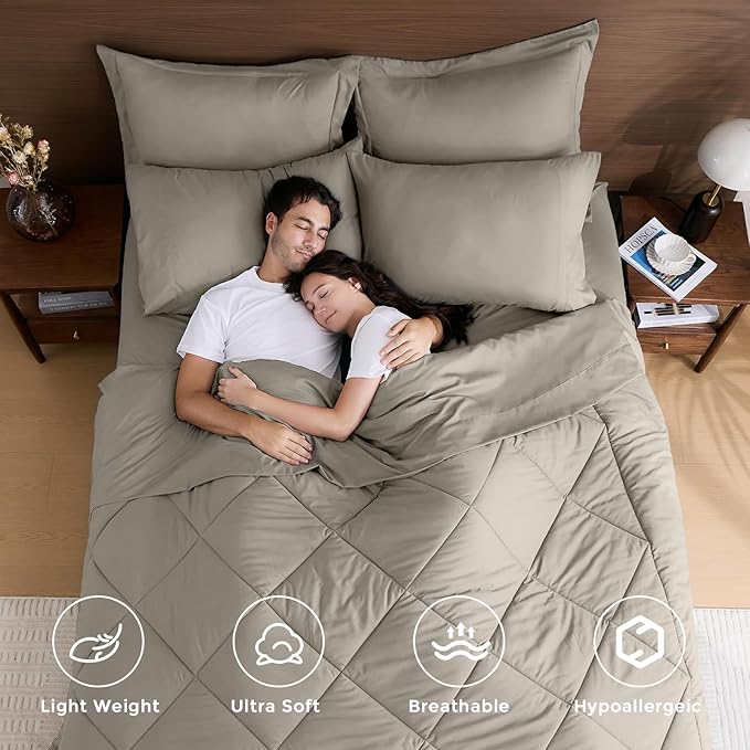 HEVUMYI Oatmeal California King Comforter Set - 7-Piece All Season Bed in a Bag Cal King, Ultra Soft Bedding Set with Comforter, Flat Sheet, Fitted Sheet, Pillowcases, Pillow Shams