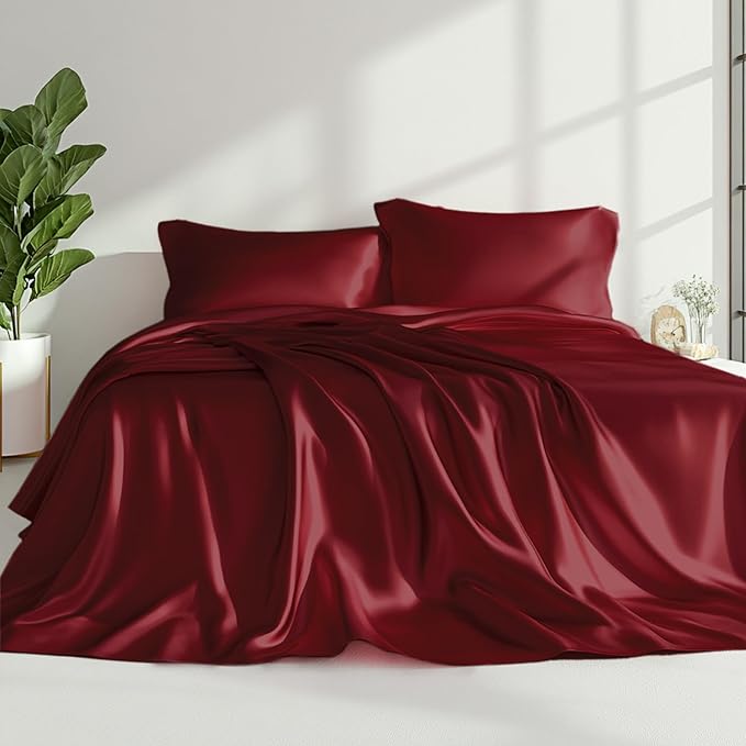 Love's cabin Twin XL Satin Sheet Sets - 3 Piece Burgundy Silky Bed Sheets with Deep Pockets, Luxury Silk Feel Satin Sheet Set Twin XL (1 Flat Sheet,1 Fitted Sheet,1 Pillow case)