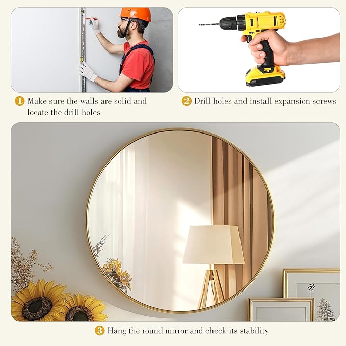 DUMOS Gold Circle Mirror for Wall 24.02 inch, Bathroom Round Mirror for Over Sink, Bathroom, Entryway, Bedroom, Vanity