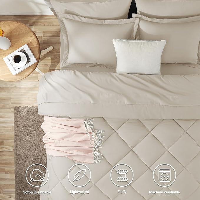 CozyLux Twin XL Comforter Set Beige - 5 Pieces Twin Extra Long Bed in a Bag for College Dorm, All Season Bedding Set for Girls and Boys, Soft Bed Set with Comforter, Sheets, Pillowcase & Sham