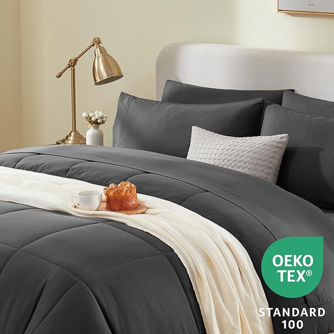 CozyLux Twin XL Comforter Set Dark Grey, 5 Pieces Twin Extra Long Bed in a Bag for College Dorm, All Season Bedding Set with Stitch Quilted Comforter, Flat Sheet, Fitted Sheet, Pillowcases