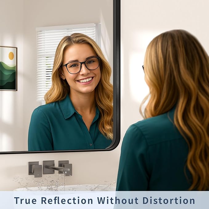 48×30 Black Mirror for Bathroom Sink - Rectangle Mirrors for Vanity with Rounded Corners & Tempered Glass for Bathroom, Restroom, Entryway, Horizontal/Vertical Wall Mounted, Aluminum Frame