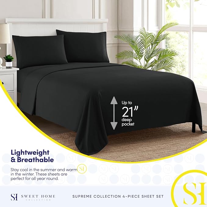 California King Sheet Sets - Breathable Luxury Sheets with Full Elastic & Secure Corner Straps Built In - 1800 Supreme Collection Deep Pocket Bedding, Sheet Set, EXTRA DEEP pocket - Cal King, Black