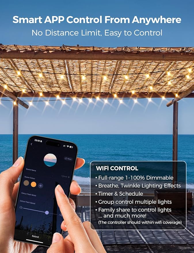 XMCOSY+ Smart Outdoor String Lights, 150Ft G40 Globe Patio Lights with 75 LED Bulbs, WiFi & APP Control, Work with Alexa, Extendable Waterproof Dimmable LED String Lights for Outside, Porch, Cafe