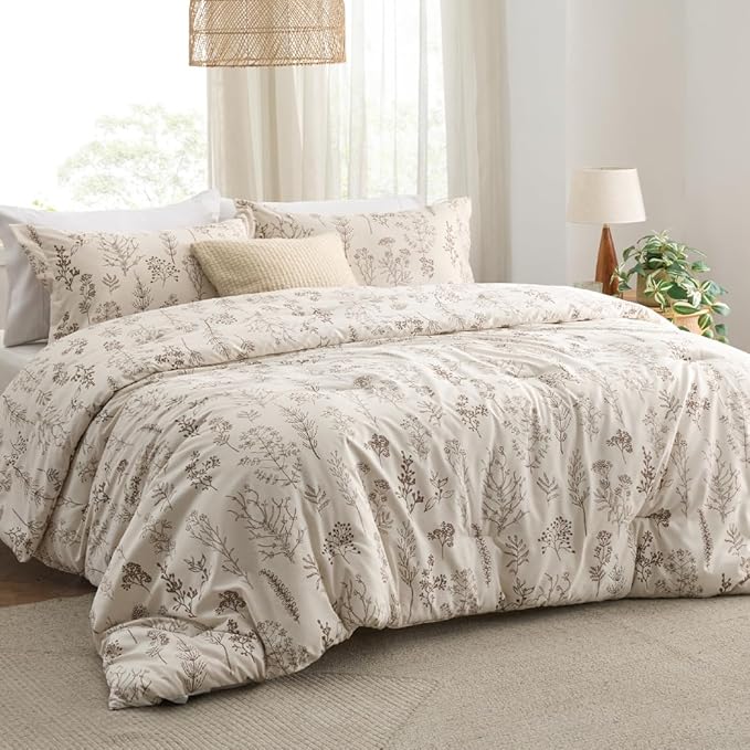 Bedsure Full Comforter Set - Beige Bed Set, 3 Pieces Cute Floral Bedding, 1 Soft Botanical Flowers Comforter and 2 Pillow Shams