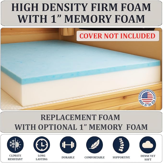 Foamma 3” x 34” x 75” Camper/RV Travel Gel Memory Foam Bunk Foam Mattress Replacement, Made in USA, Comfortable, Travel Trailer, CertiPUR-US Certified, Cover Not Included