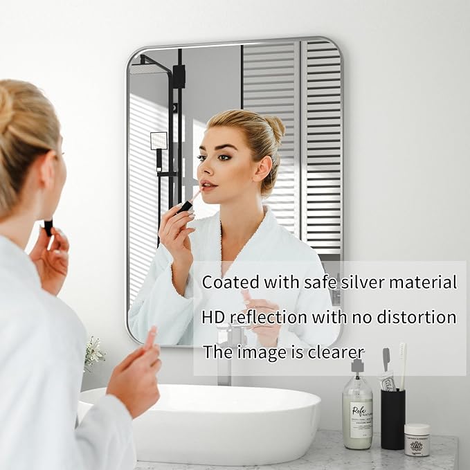 PAIHOME 24x36-Inch Brushed Nickel Bathroom-Vanity-Mirror for Wall - 304 Stainless Steel Silver Frame Bathroom Mirrors, Rectangle Farmhouse Mirror, Vertical Or Horizontal Hanging Modern Mirror