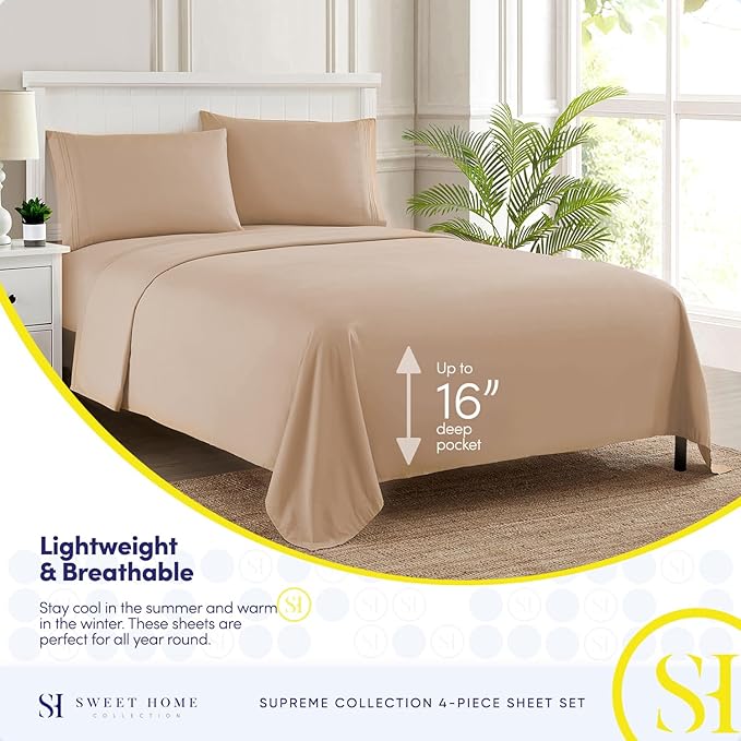 RV Queen Bed Sheets - Breathable Luxury Sheets with Full Elastic & Secure Corner Straps Built In - 1800 Supreme Collection Extra Soft Deep Pocket Bedding Set, Sheet Set, RV Short Queen, Taupe