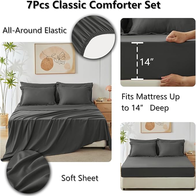 CozyLux King Size Comforter Set Dark Grey - 7 Pieces Bed in a Bag King, Luxury Soft Bed Set for All Seasons, Bedding Set with Down Alternative Comforter, Sheets, Pillowcases & Shams