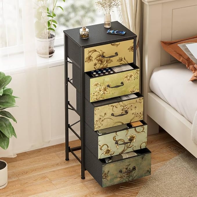 Furnulem Vertical Dresser for Bedroom, Tall Skinny Storage Tower with 5 Fabric Drawers, Chest of Drawers for Living Room, Dorm, Entryway, Vintage Furniture, Wood Top