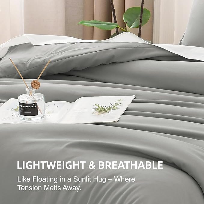 Litanika Comforters Medium Gray Oversized King Size, 3 Pieces Lightweight Solid Bedding Set & Collections, All Season Fluffy Bed Set (120x98In Comforter & 2 Pillowcases)