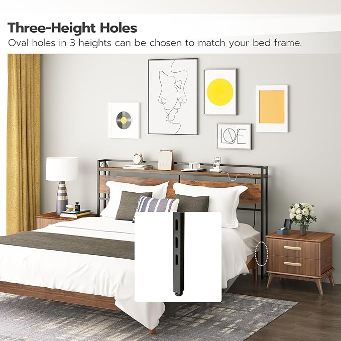 HOOBRO King Size Headboard, Headboard with 2 Outlets and 4 USB Ports, Adjustable Height, Storage Rack, Sturdy and Stable, Easy Assembly, Rustic Brown and Black