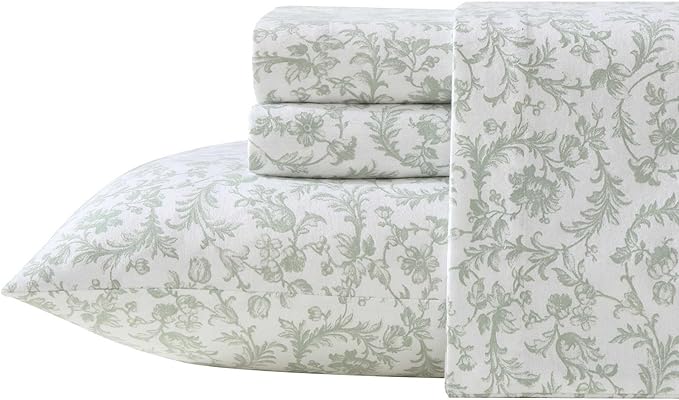 Laura Ashley - Flannel Sheets Full Size, Anti-Pilling & Wrinkle Resistant Cotton, Touchably Soft for All-Season Comfort - Bed Sheets with Matching Pillowcases & Fitted Sheet (Brinna Green)