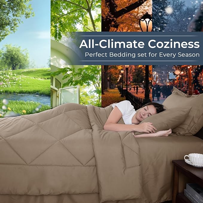 HEVUMYI Linen California King Comforter Set - 7-Piece All Season Bed in a Bag Cal King, Ultra Soft Bedding Set with Comforter, Flat Sheet, Fitted Sheet, Pillowcases, Pillow Shams