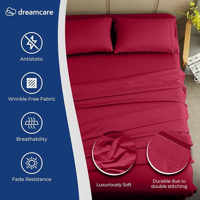 DREAMCARE Full Size Sheets – 4 pcs Cooling Sheets – up to 21” Deep Full Sheet Set – Hotel Luxury Sheets & Pillowcases – Superior Softness 100% Fine Microfiber with Side Pocket – Burgundy