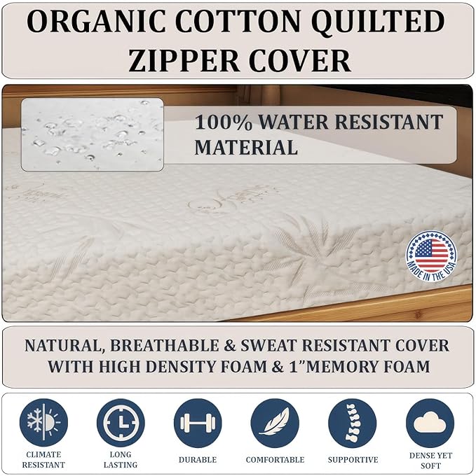Foamma 12" x 36" x 76" Camper/RV Travel Gel Memory Foam Bunk Mattress, Organic Cotton Cover, Made in USA, Comfortable, Travel Trailer, CertiPUR-US Certified Foam
