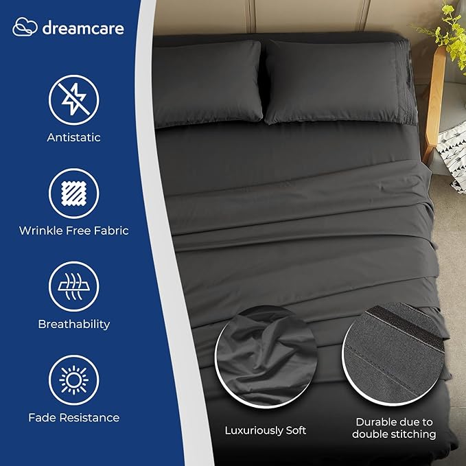 DREAMCARE California King Sheet Sets – 4 pcs Cooling Sheets – up to 21” Deep Cal King Sheets – Hotel Luxury Pillowcases – Superior Softness 100% Fine Microfiber with Side Pocket – Gray