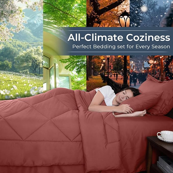 HEVUMYI Terracotta King Comforter Set - 7-Piece All Season Bed in a Bag King, Ultra Soft Bedding Set with Comforter, Flat Sheet, Fitted Sheet, Pillowcases, Pillow Shams