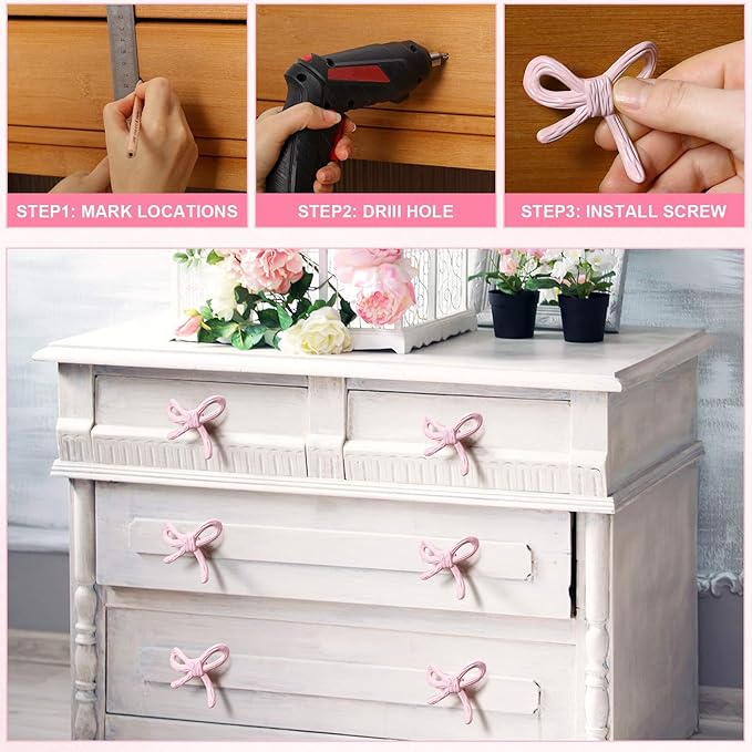 16 Pcs Bow Knobs for Dresser Matel Bow Drawer Knobs Vintage Dresser Handles Cabinet Drawer Pulls for Home Bedroom Kitchen Cabinets Hardware Cupboard (Pink,Classic Style)