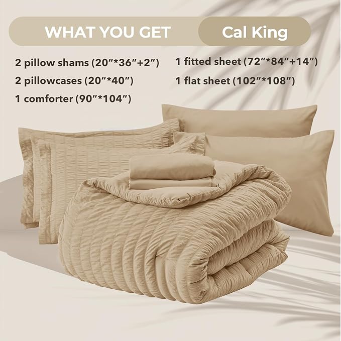 HYMOKEGE Khaki California King Comforter Set Seersucker 7 Pieces, All Season Luxury Bed in a Bag for Bedroom, Bedding Set with Comforter, Sheets, Pillowcases & Shams