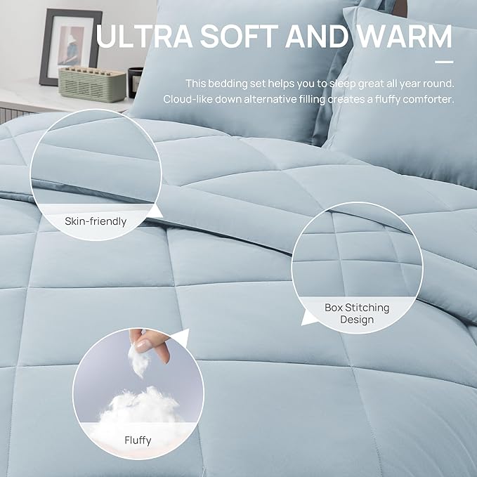 Love's cabin Twin Comforter Set Light Blue, 5 Pieces Twin Bed in a Bag, All Season Bedding Sets with 1 Comforter, 1 Flat Sheet, 1 Fitted Sheet, 1 Pillowcase and 1 Pillow Sham