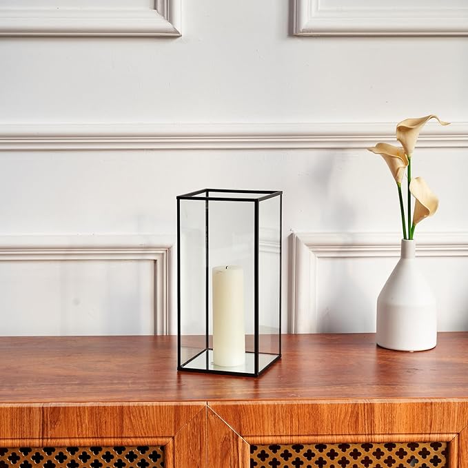 PHOSPHOR Glass Hurricane Candle Holder Set of 3 PCS Large Glass Square Candle Holder Black Lanterns Decorative for Pillar Candle Indoor Candle
