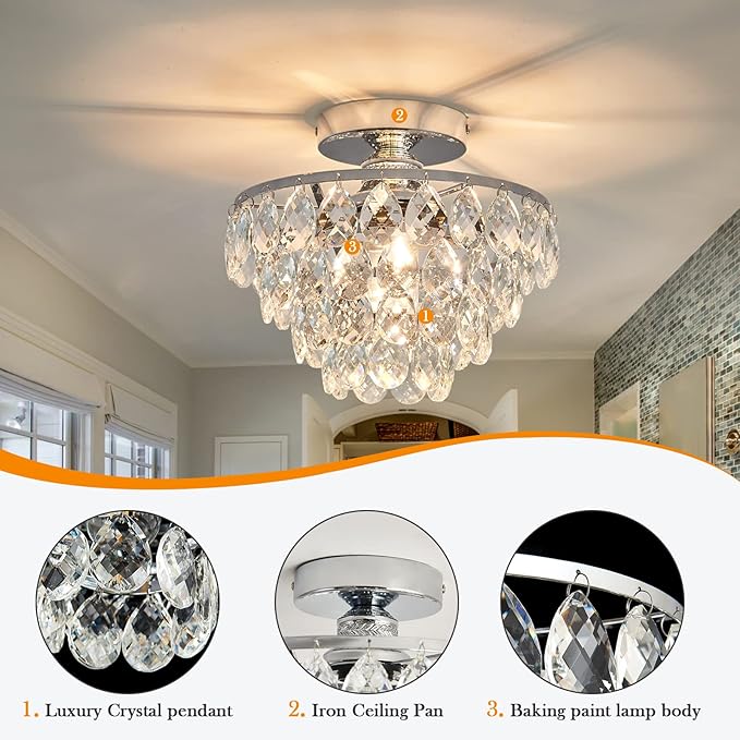 YYJLX Modern E26 Small Crystal Chandelier Semi Flush Mount Ceiling Light Fixture Silver Ceiling Lamp for Hallway Bedroom Bathroom Closet Bedroom Foyer （Chrome）