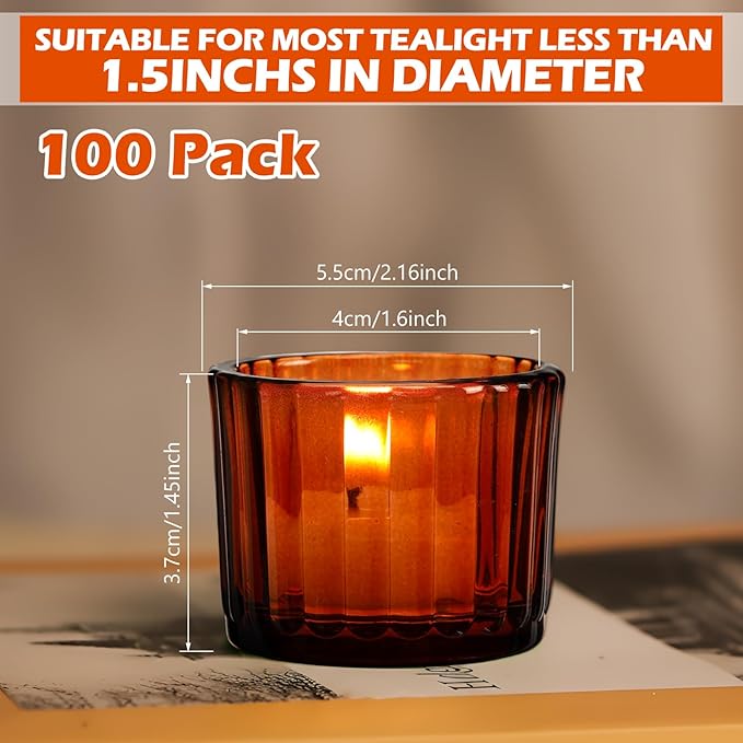 Mumufy 100 Pack Glass Tealight Candle Holder Ribbed Votive Candle Holder for Centerpiece Wedding Proposal Spa Aromatherapy Meditation Home Decor(Amber)