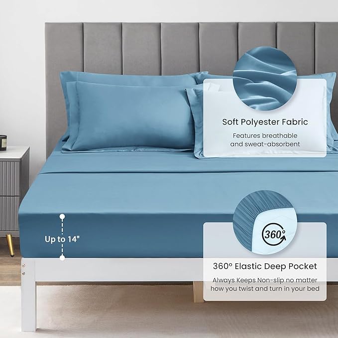 Love's cabin Full Comforter Set Misty Blue, 7 Pieces Full Bed in a Bag, All Season Bedding Sets with 1 Comforter, 1 Flat Sheet, 1 Fitted Sheet, 2 Pillowcase and 2 Pillow Sham