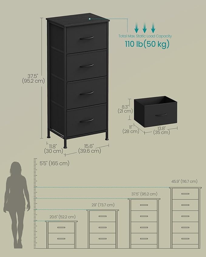 SONGMICS Dresser for Bedroom, Chest of Drawers, Steel, MDF, 4 Non-Woven Fabric Drawers, Storage Organizer Unit, Closet, Entryway, Ink Black and Ebony Black ULGS314B01S